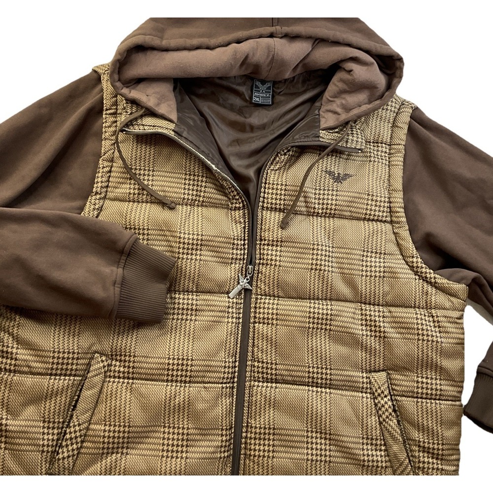 Avirex Jacket Mens 2XL Brown Quilted Puffer Hooded Coat Full Zip Y2K Winter Warm